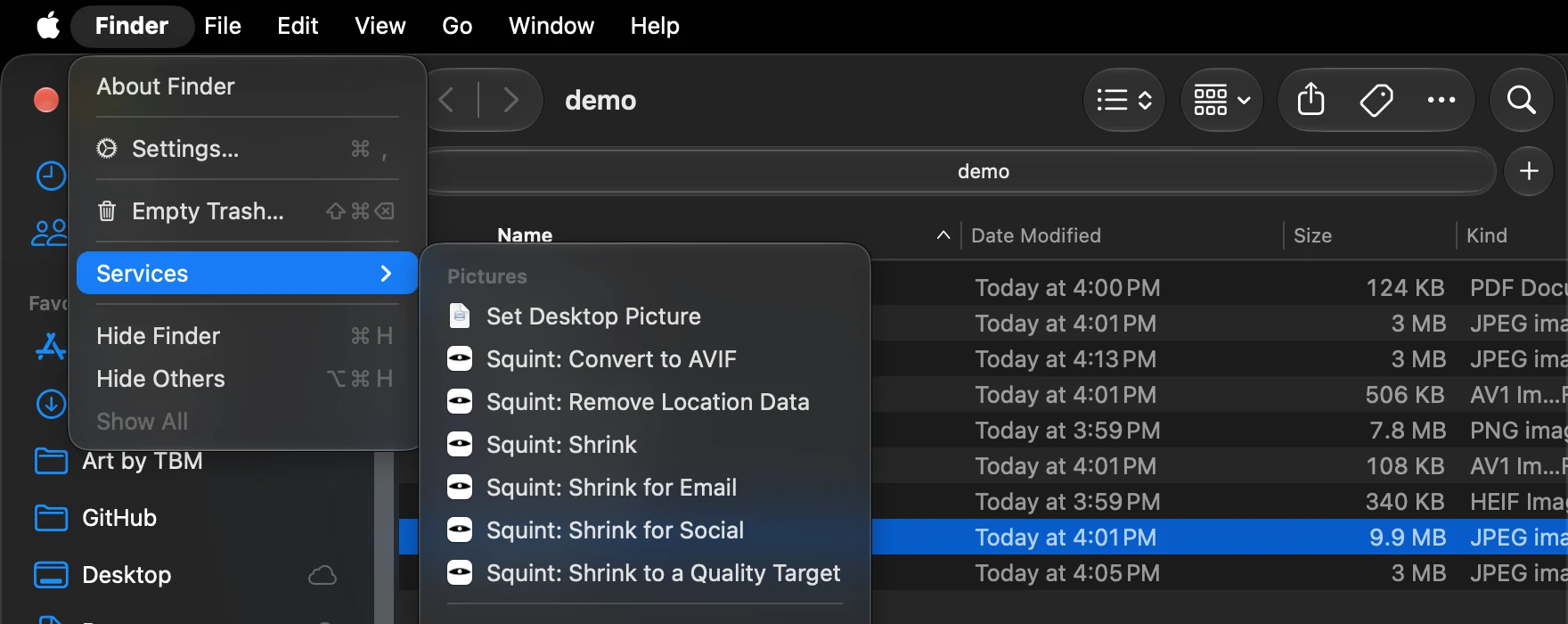 Finder with a JPEG selected and the Services submenu open, showing the six Squint entries