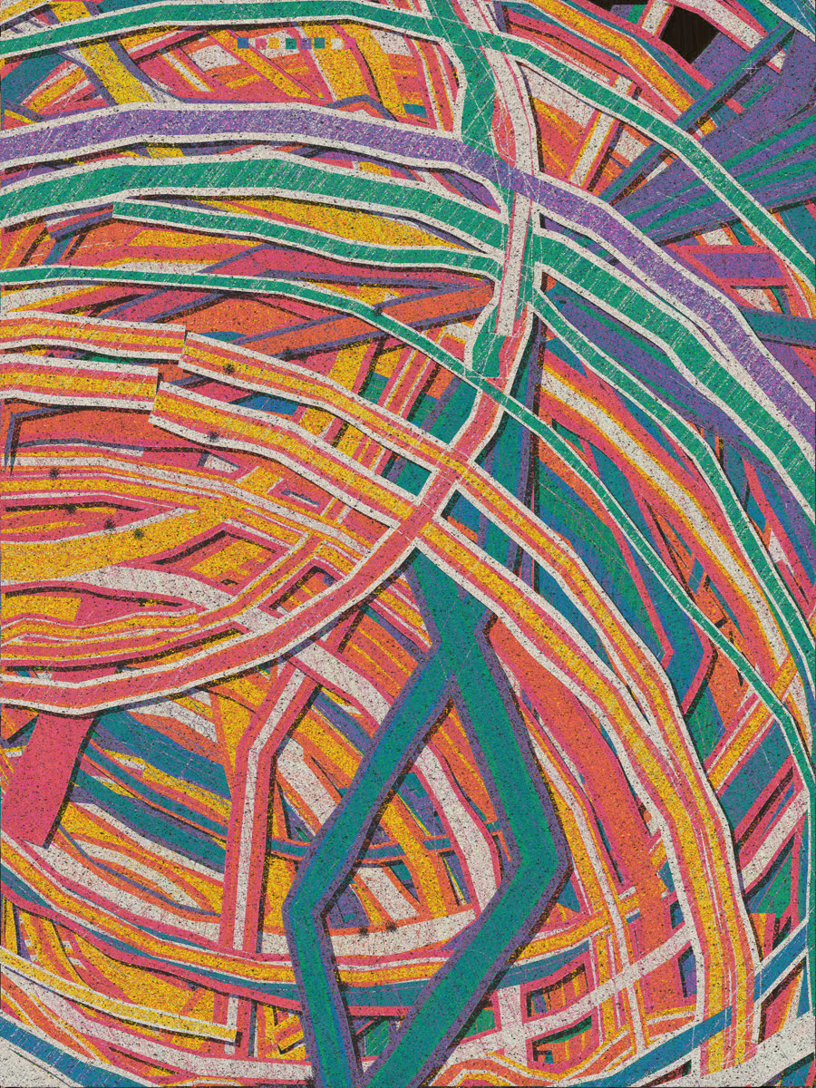 imprint n1151: rosettes of green, pink and orange strands on an ebonized wood panel