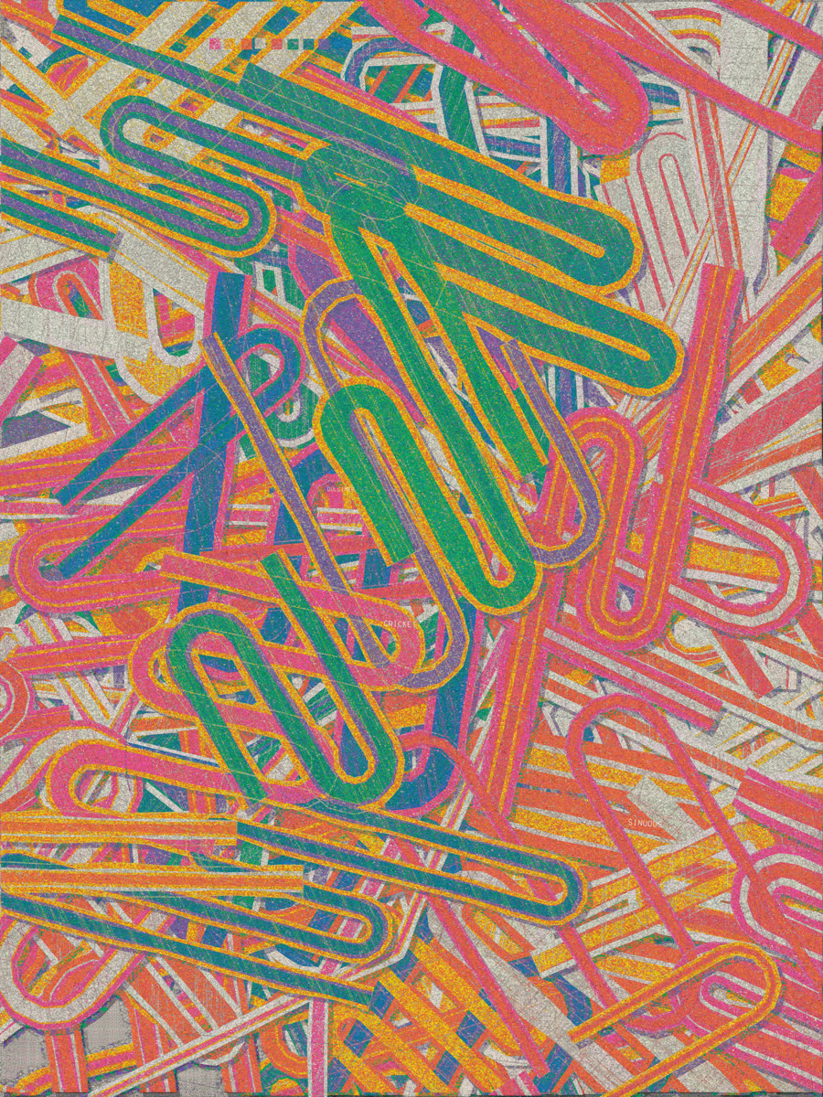 imprint n2378: pink and orange paper-clip loops with green bars on an ash canvas