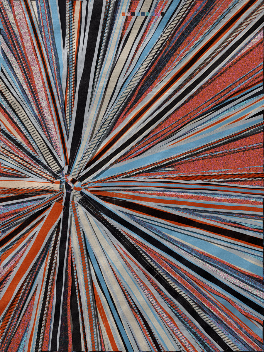 imprint n3382: a burst of red, blue and bone strands on a dark canvas