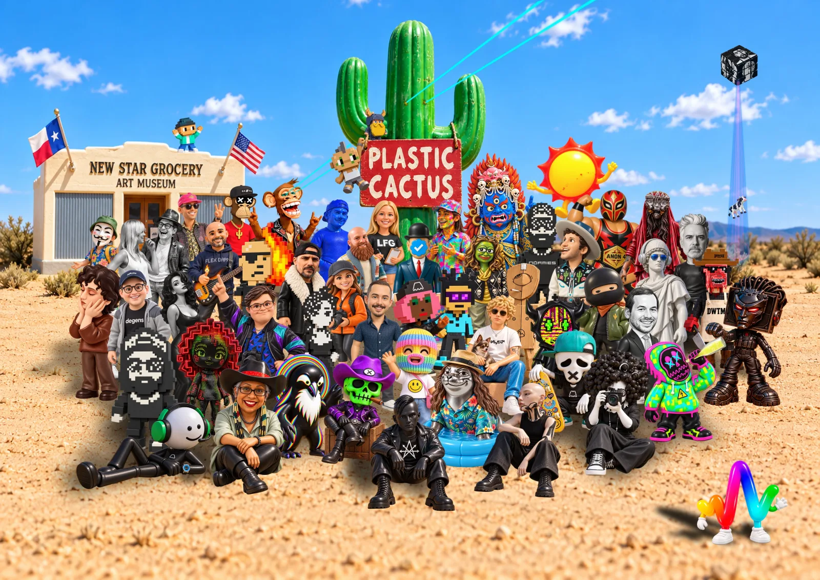 Dozens of plastic figures of the exhibiting artists gathered in scrub desert outside the New Star Grocery Art Museum, under a green cactus hung with a hand-painted Plastic Cactus sign.